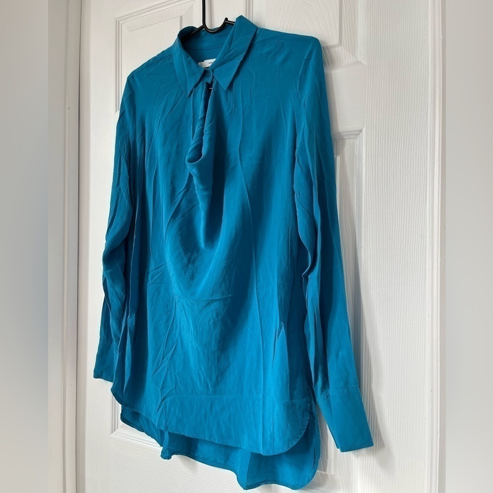 Vince Teal Silk Cowl Neck Blouse Long Sleeve Medium - Picture 11 of 11
